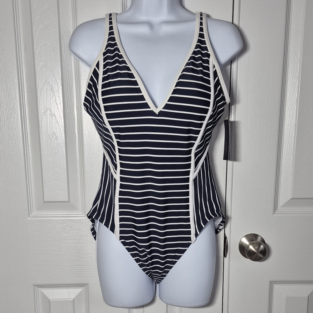 Tommy Hilfiger Swimsuit Navy Blue and White Striped One Peice Women's 12 New - Picture 14 of 16